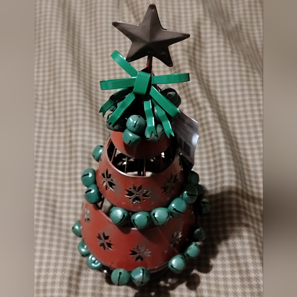 NWT Festive Metal Christmas Tree Lantern - Green and Red 16" in x 6" Wide
